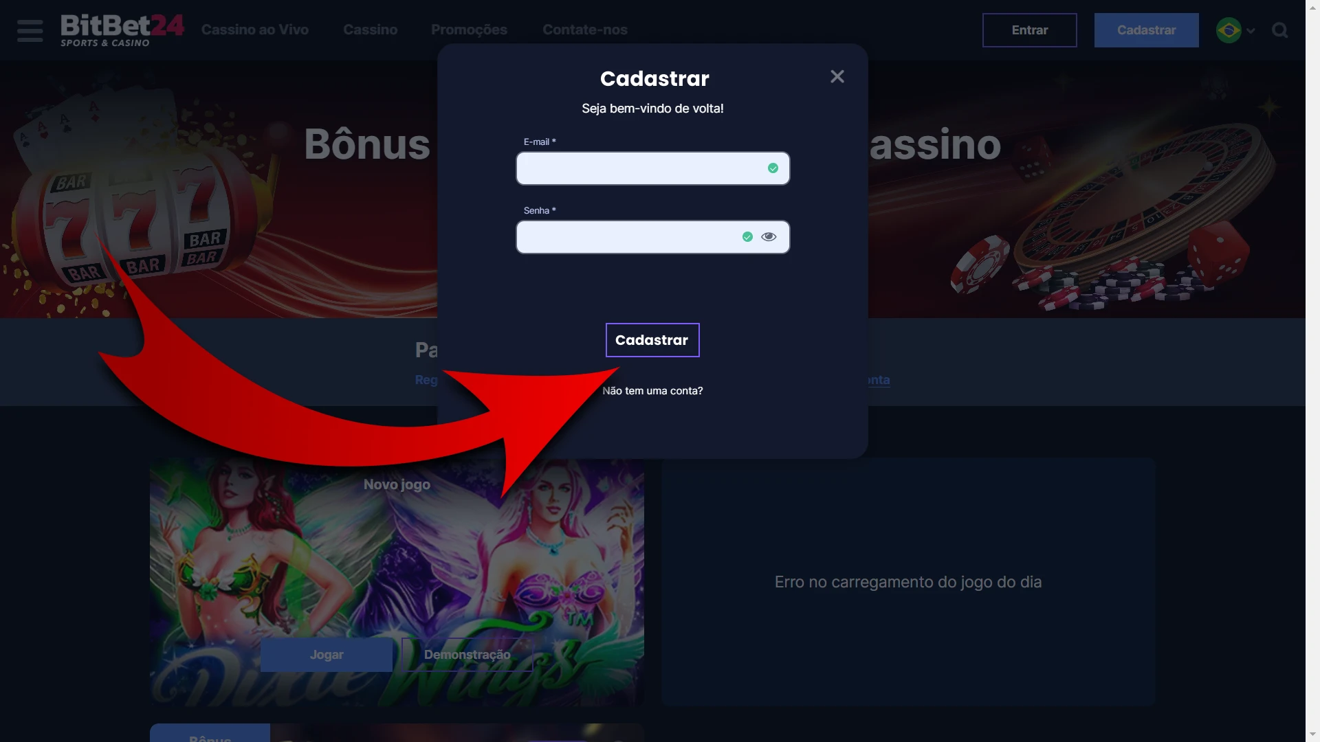 Conclua o processo de registro no site BitBet24.