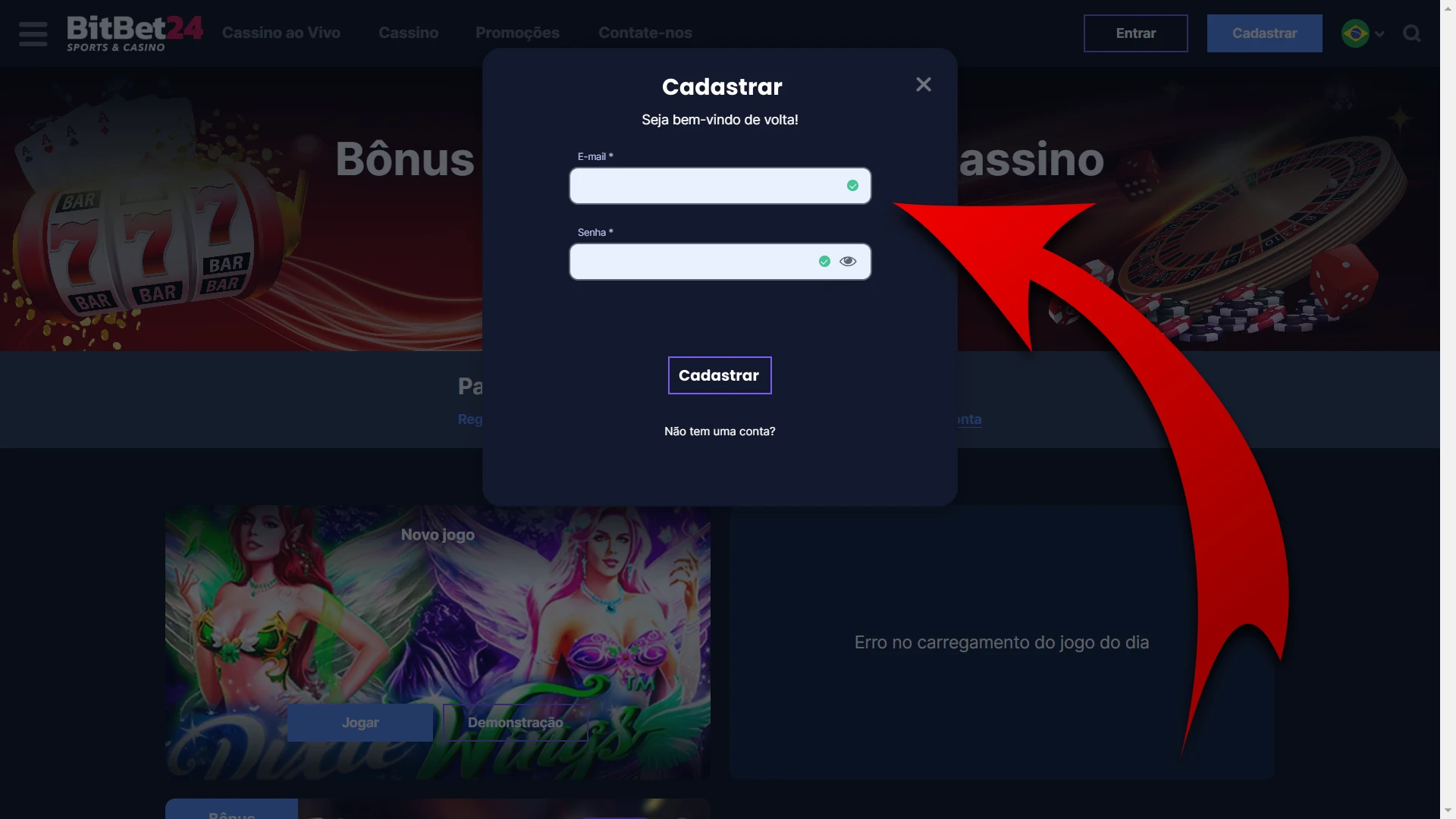 Preencha todos os dados na janela de registro no BitBet24.